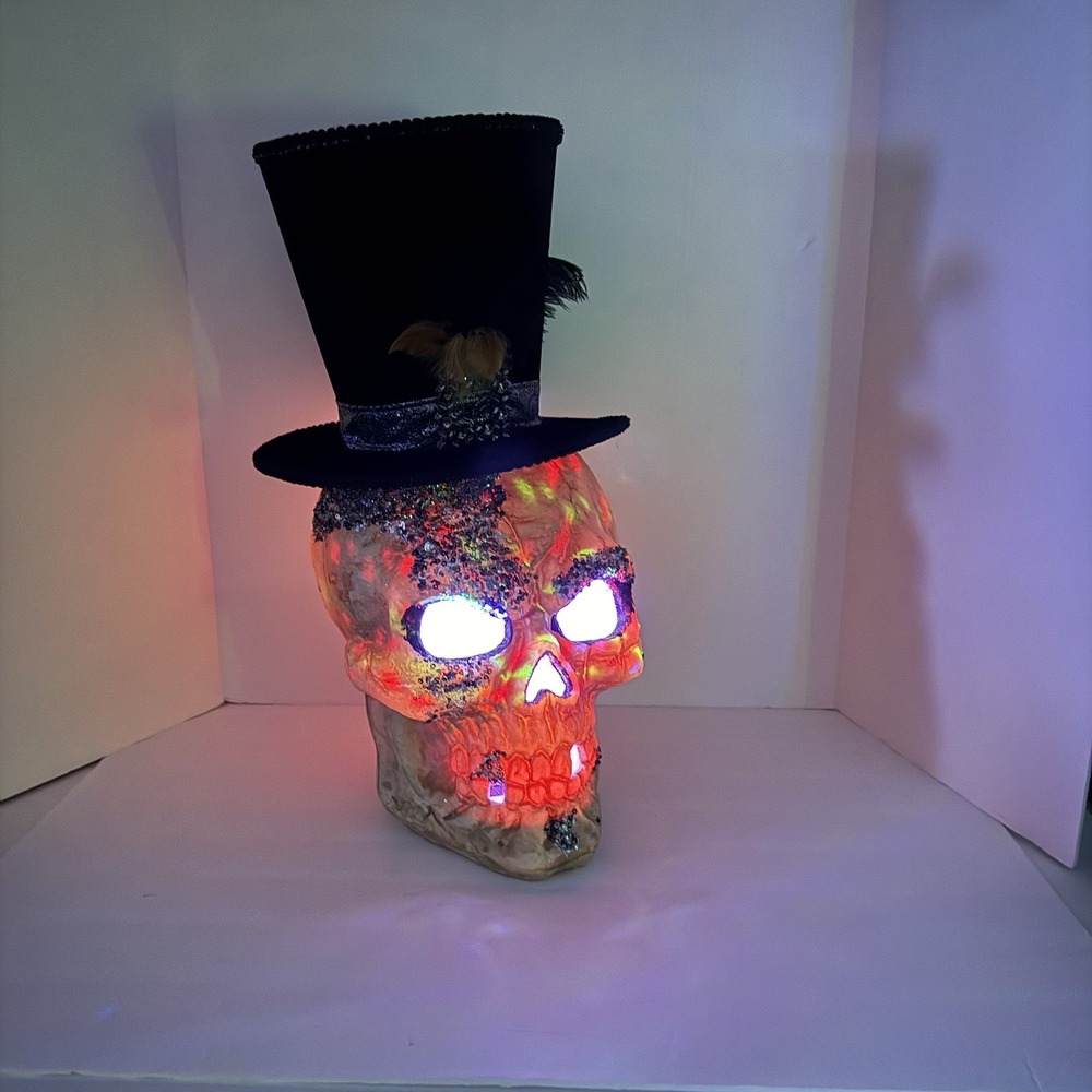 SKULL WITH TOP HAT EMBELLISHED SILVER BEADS FEATHER Changing Lights Up